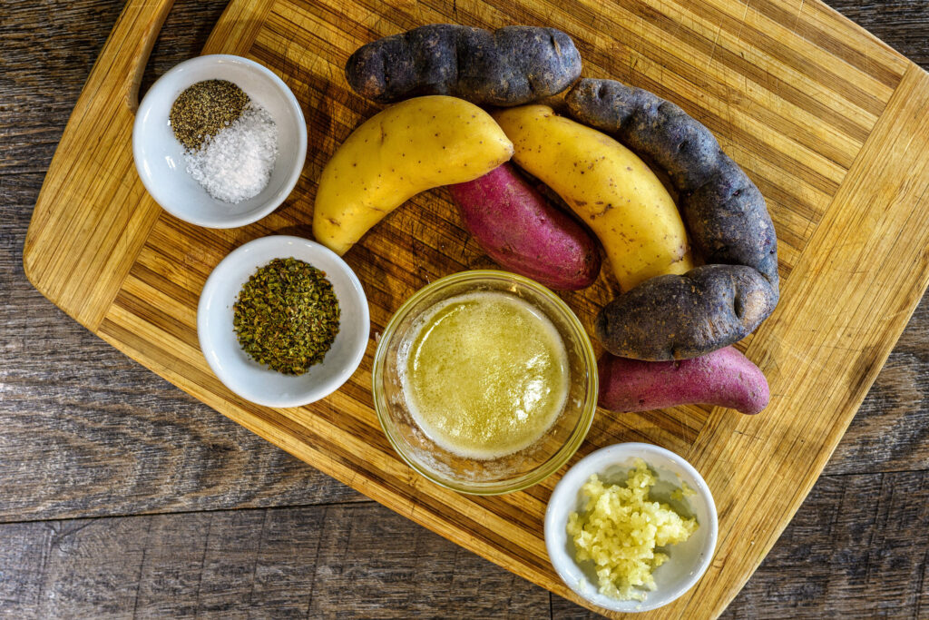 Fingerling potatoes and the dressing ingredients