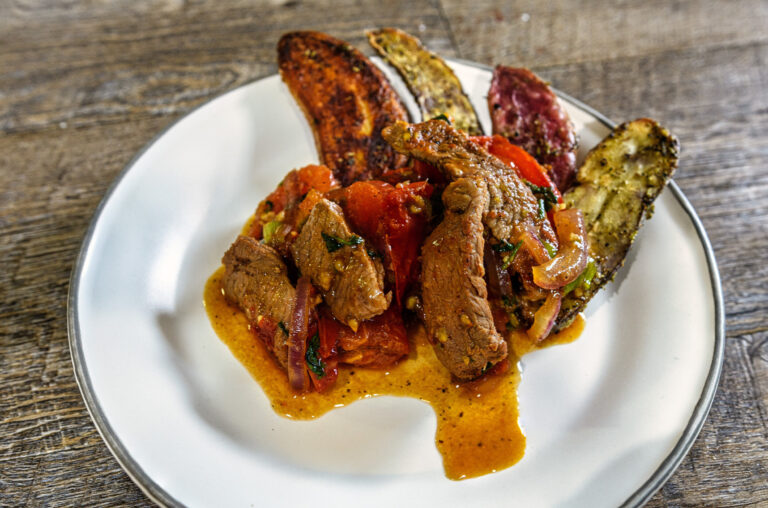 Lomo Saltado with roasted fingerling potatoes