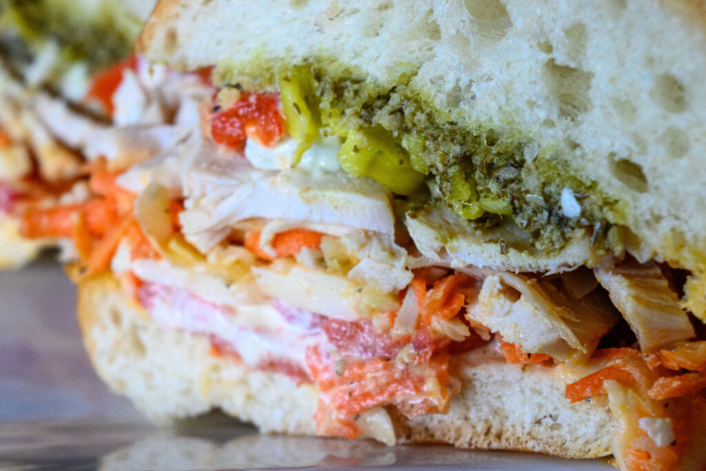 Pesto Chicken Sub Sandwich with Carrot and Kohlrabi Slaw