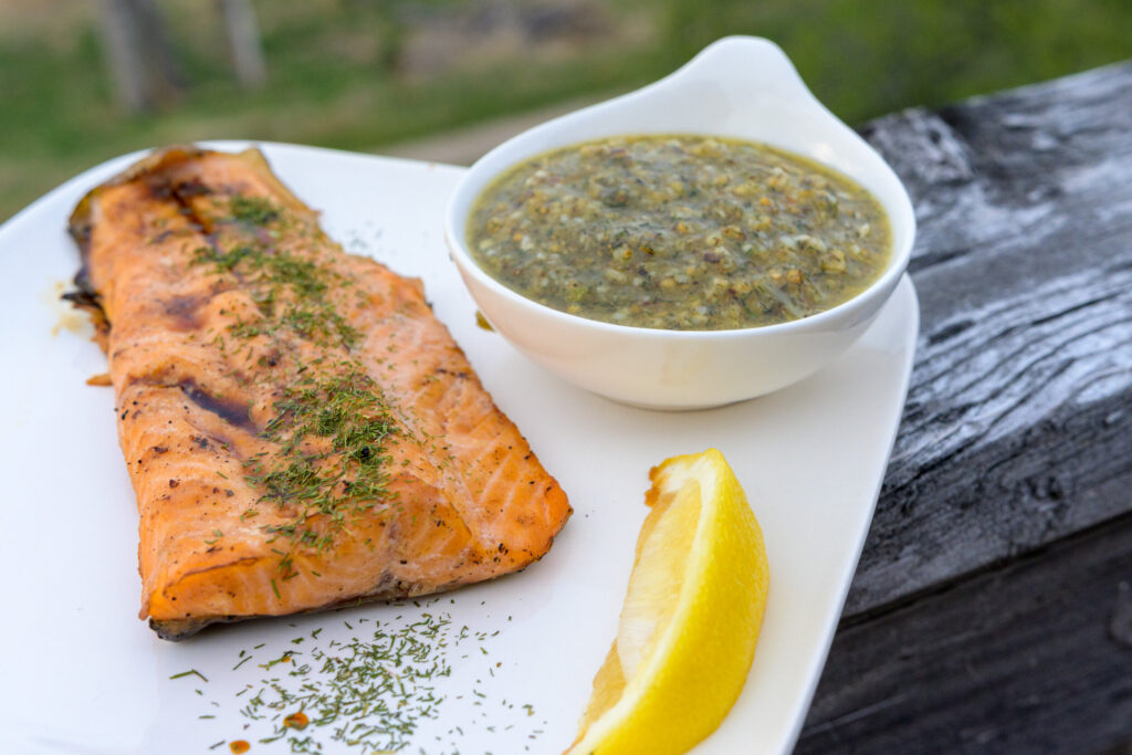 Smoked Trout with Dilly Walnut Pesto