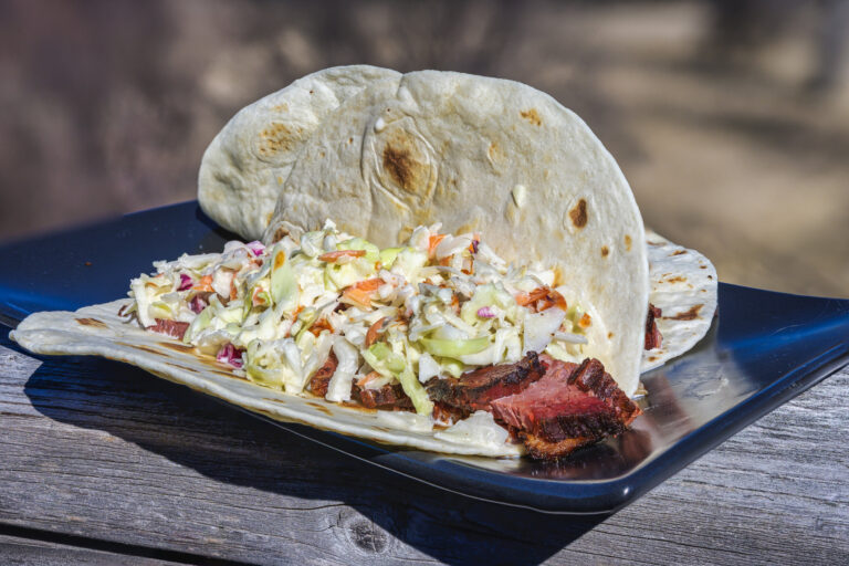 Smoked and Scotch Ale-Braised Brisket Tacos with Pickled Cabbage Slaw