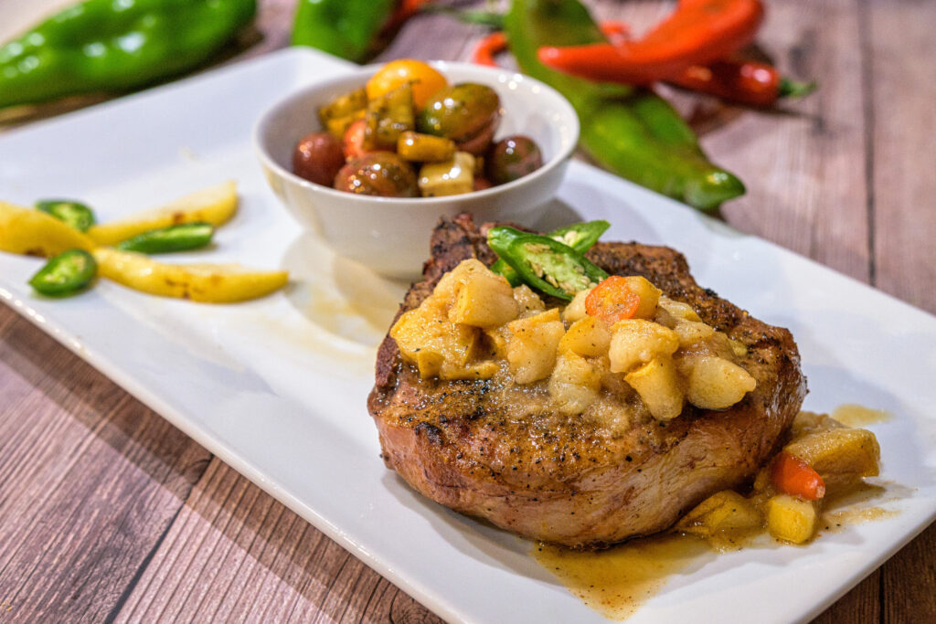 Sous Vide Pork Chops with Five Spice Pears and Peppers Sauce