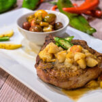 Sous Vide Pork Chops with Five Spice Pears and Peppers Sauce